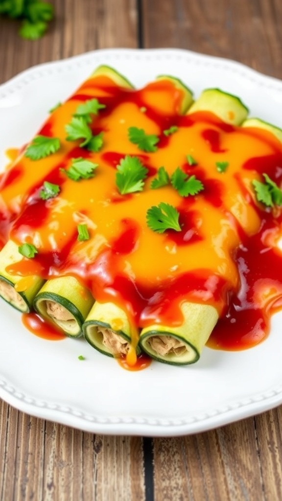 Zucchini chicken enchiladas topped with cheese and cilantro, served on a rustic wooden table.